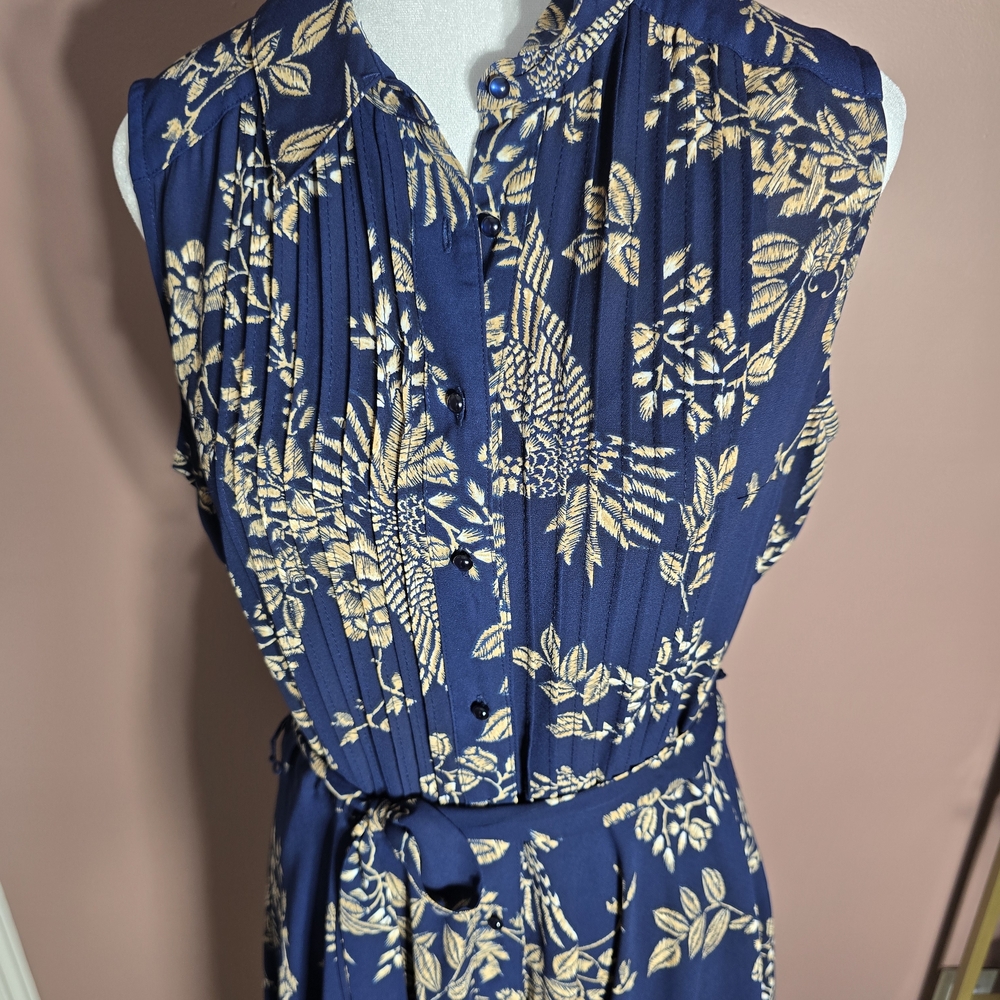 NANETTE LEPORE dark navy floral birds button pleats belted knee dres - Picture 3 of 5